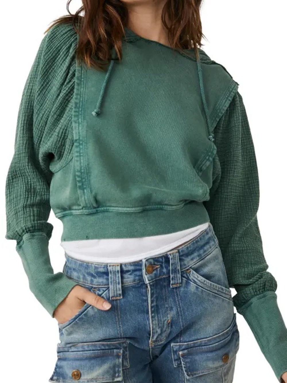 Free People Love Letter Hoodie Jaded Green Gauze Slouchy Cropped Knit Top XS 259